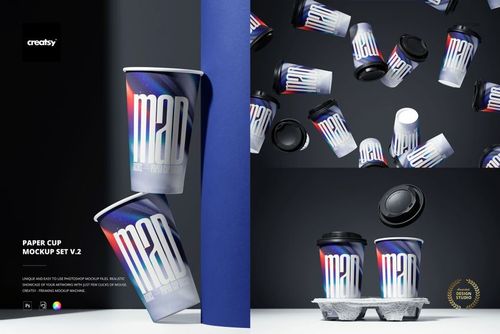 Paper cup mockup set featuring multiple cups with abstract gradient designs, shown from various angles and perspectives.