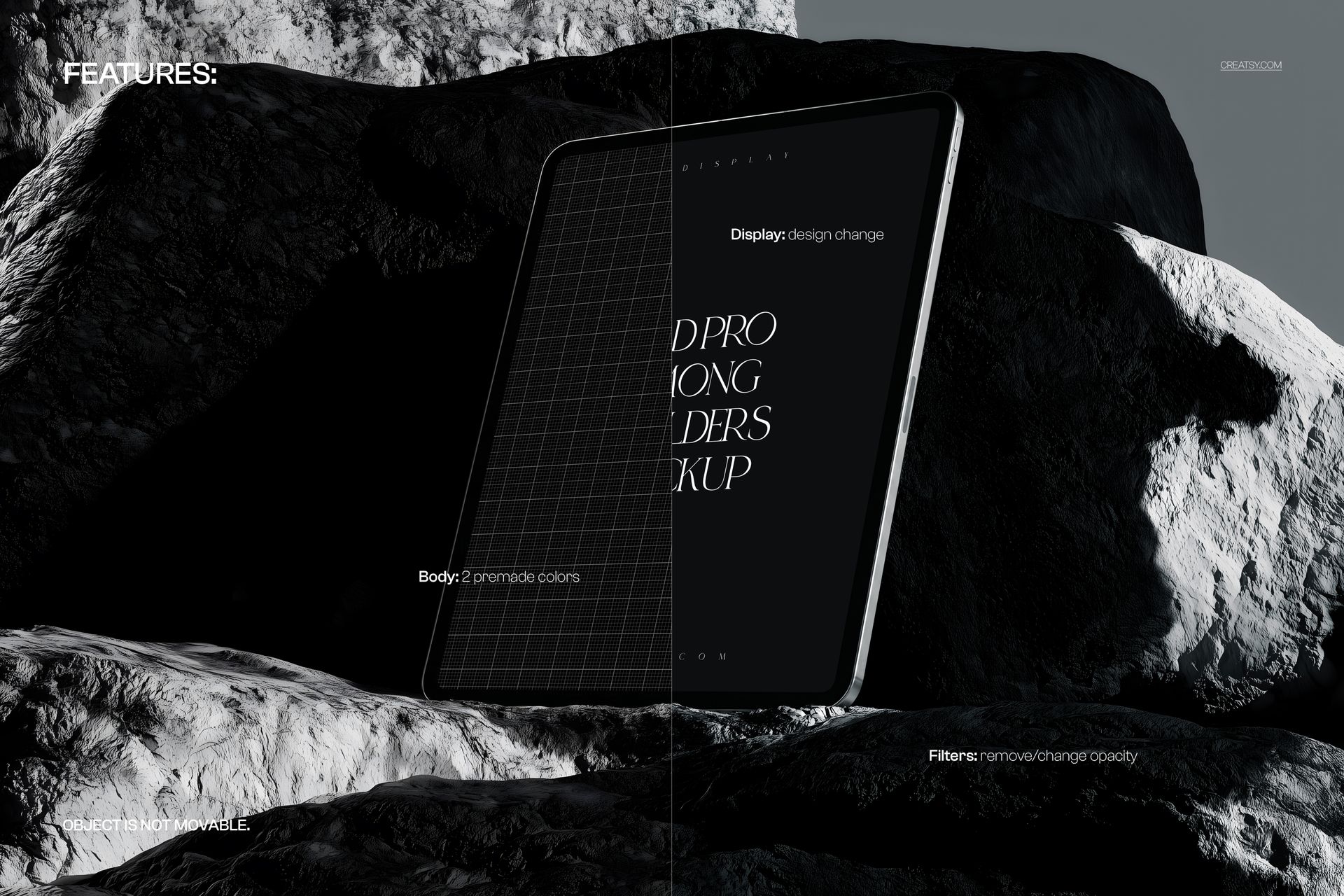 PSD mockup of an iPad Pro standing vertically on rugged rocks, showing a split screen with grid and text.