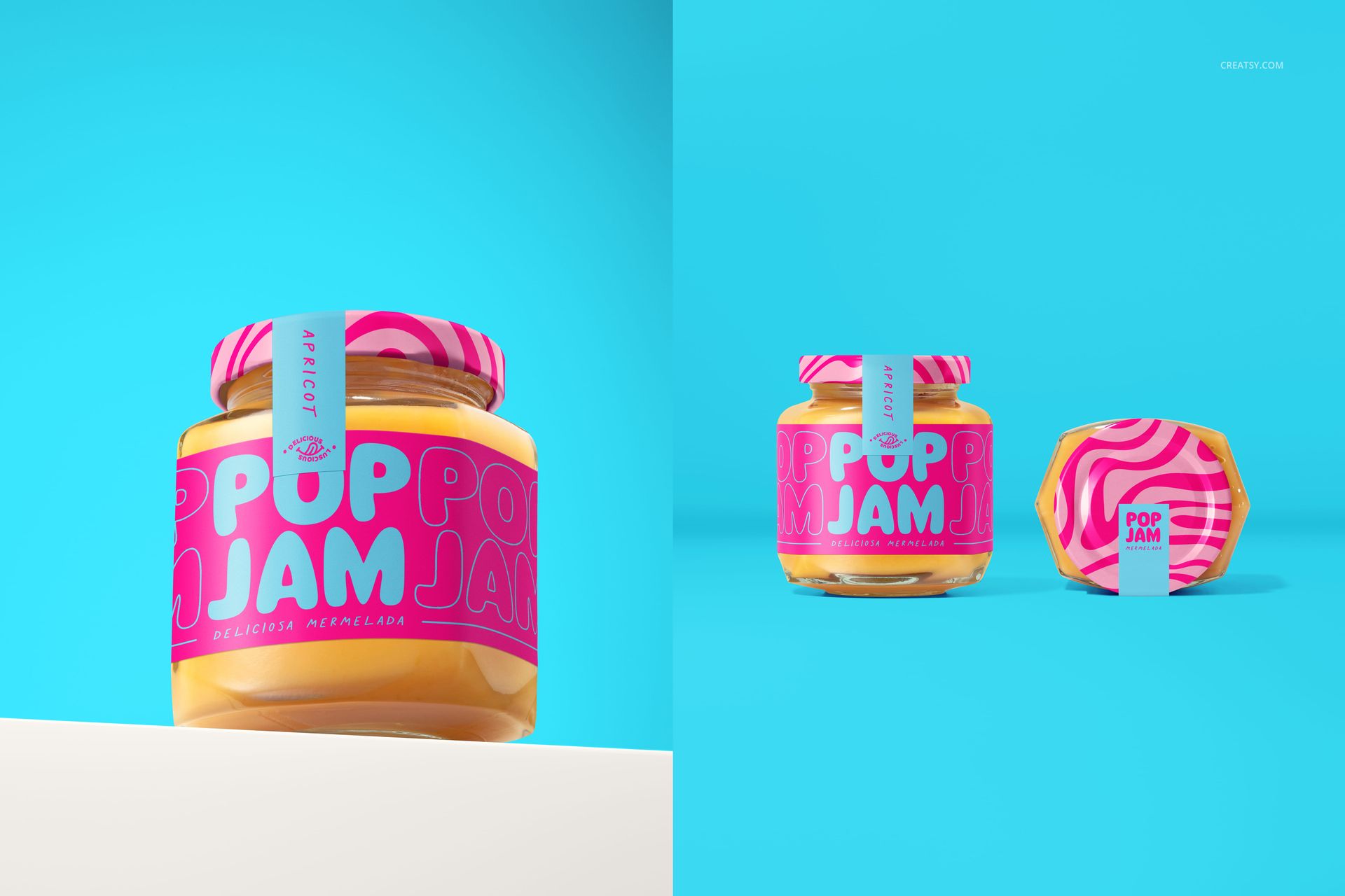 Front view of apricot jam jar with vibrant pink label and lid, set against a bright blue background in a mockup scene.