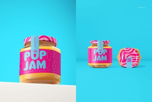 Front view of apricot jam jar with vibrant pink label and lid, set against a bright blue background in a mockup scene.