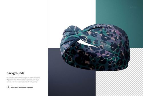 Faux knot headband with a blue and purple abstract pattern displayed in a front view on a PSD mockup background.