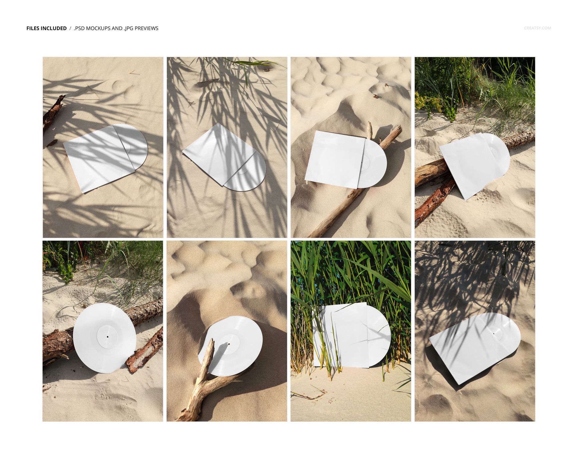 Vinyl record and sleeve mockups displayed on sandy dunes with driftwood and coastal grasses in natural sunlight.