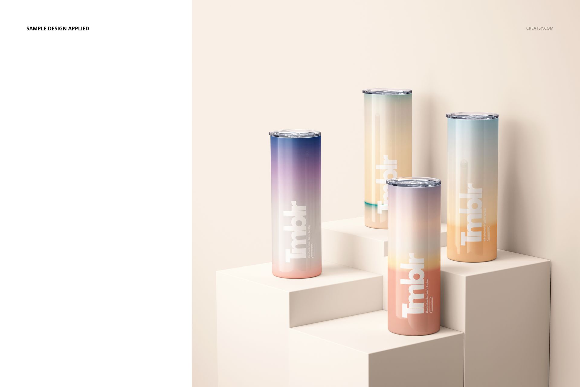 Four 20oz skinny tumblers with gradient designs in pastel shades, arranged on white geometric pedestals, front view.