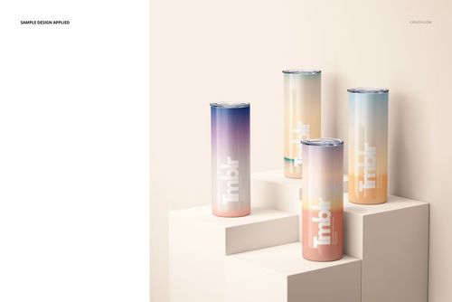 Four 20oz skinny tumblers with gradient designs in pastel shades, arranged on white geometric pedestals, front view.