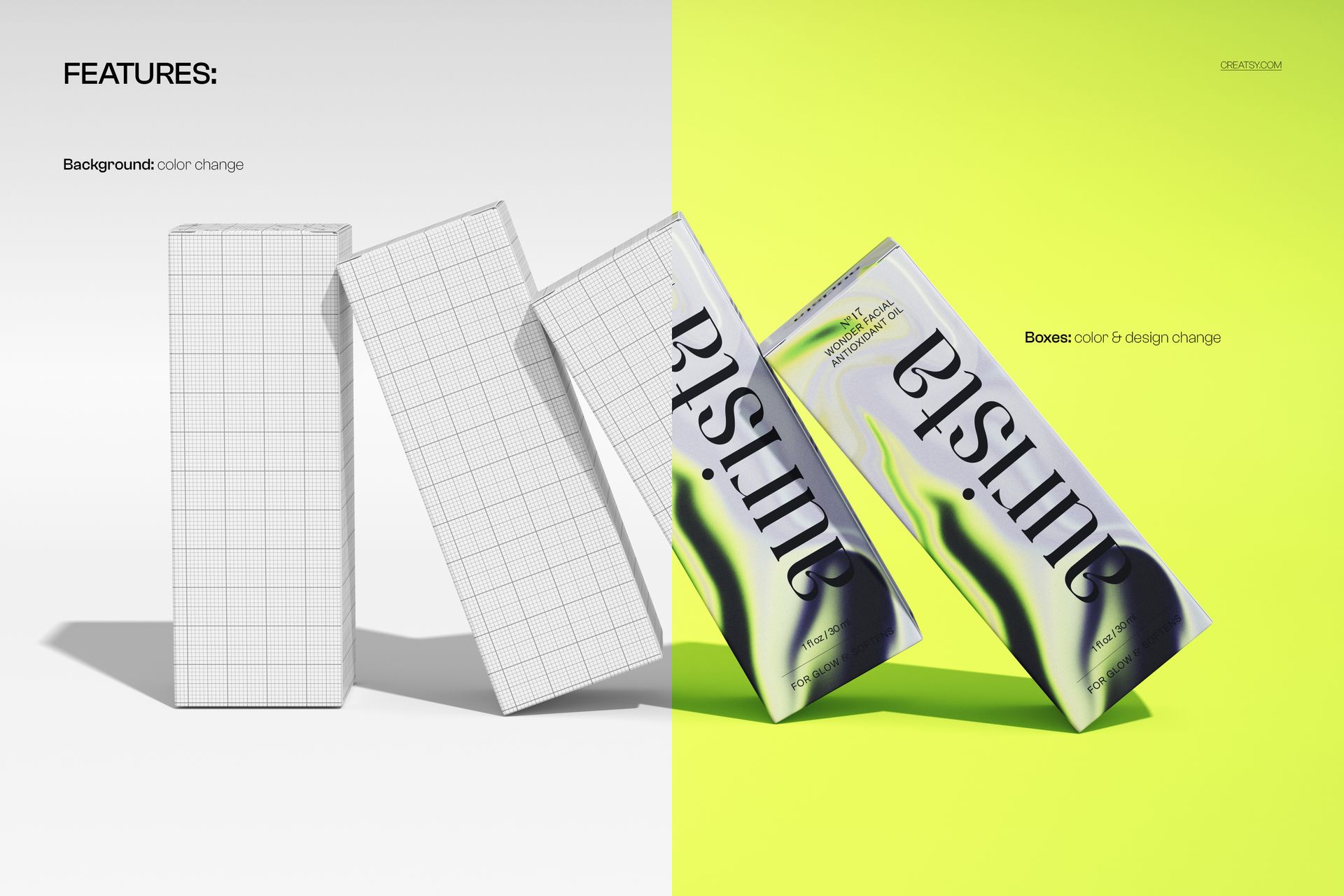 Tilted serum packaging boxes shown in a mockup, featuring grid and vibrant designs on white and yellow backgrounds.