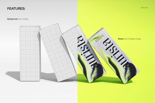 Tilted serum packaging boxes shown in a mockup, featuring grid and vibrant designs on white and yellow backgrounds.