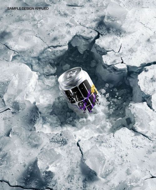 Soda can mockup placed upright in a cracked icy crater, surrounded by chunks of ice and textured snow.