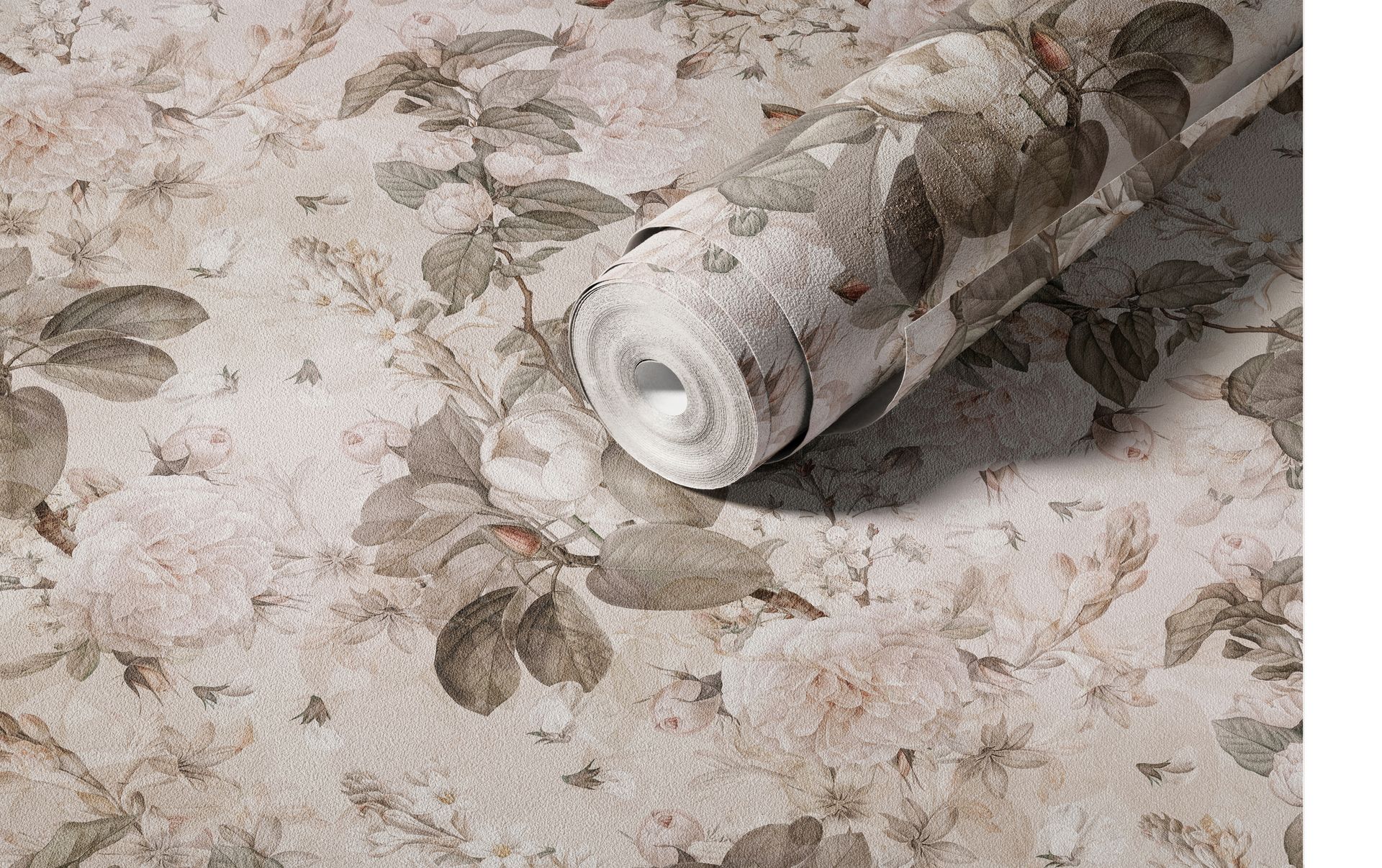 Floral non-woven vinyl wallpaper mockup with delicate leaves and blossoms in pastel shades, shown rolled and unrolled.