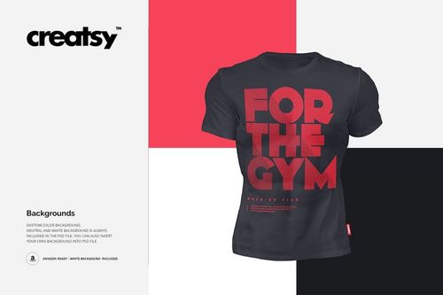 PSD mockup showing a black t-shirt with large red lettering, worn by a muscular man, set against color block panels.