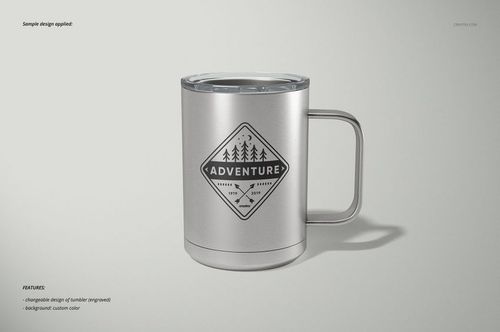 Stainless steel camp coffee mug with a handle, featuring a geometric adventure logo, shown in front view on a light background.