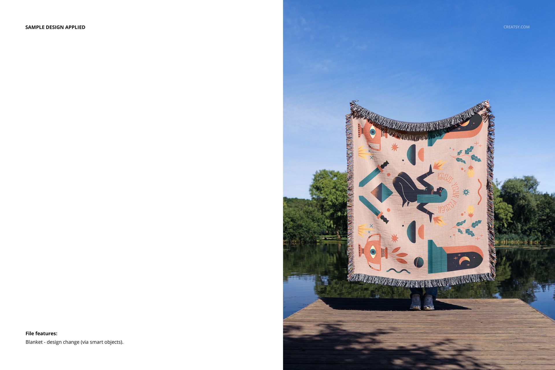 Colorful woven throw blanket with fringe and geometric design displayed outdoors near water, front view mockup.