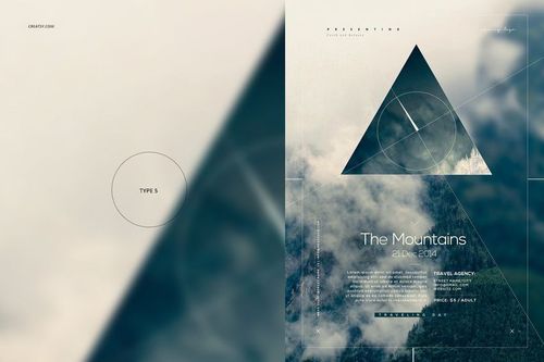 Nature poster mockup with triangle graphic overlay on a cloudy mountain scene, modern layout and editable text areas.