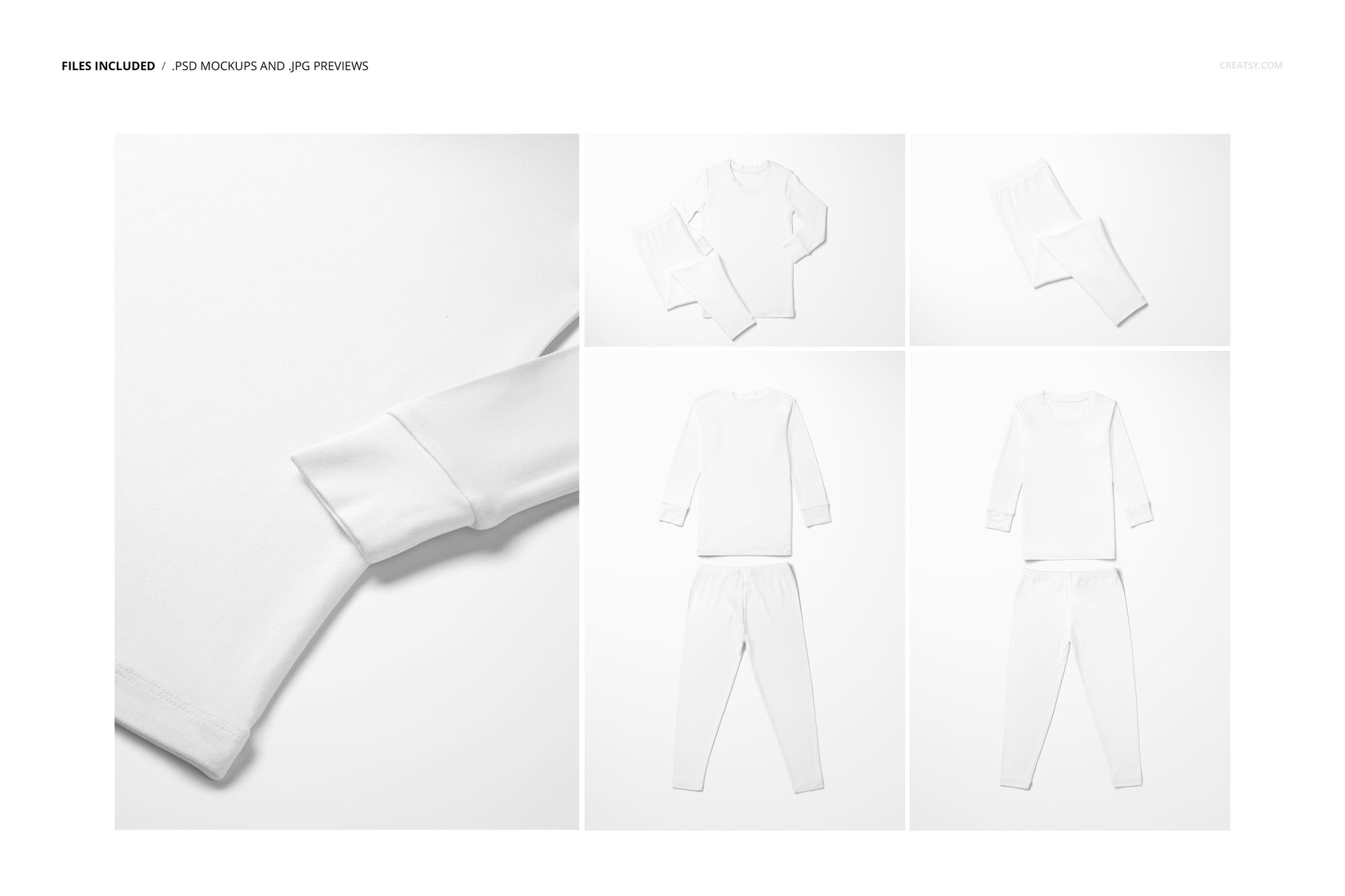 Kids long sleeve pajama set mockup in white, shown from multiple angles including front, back, and close-up views.