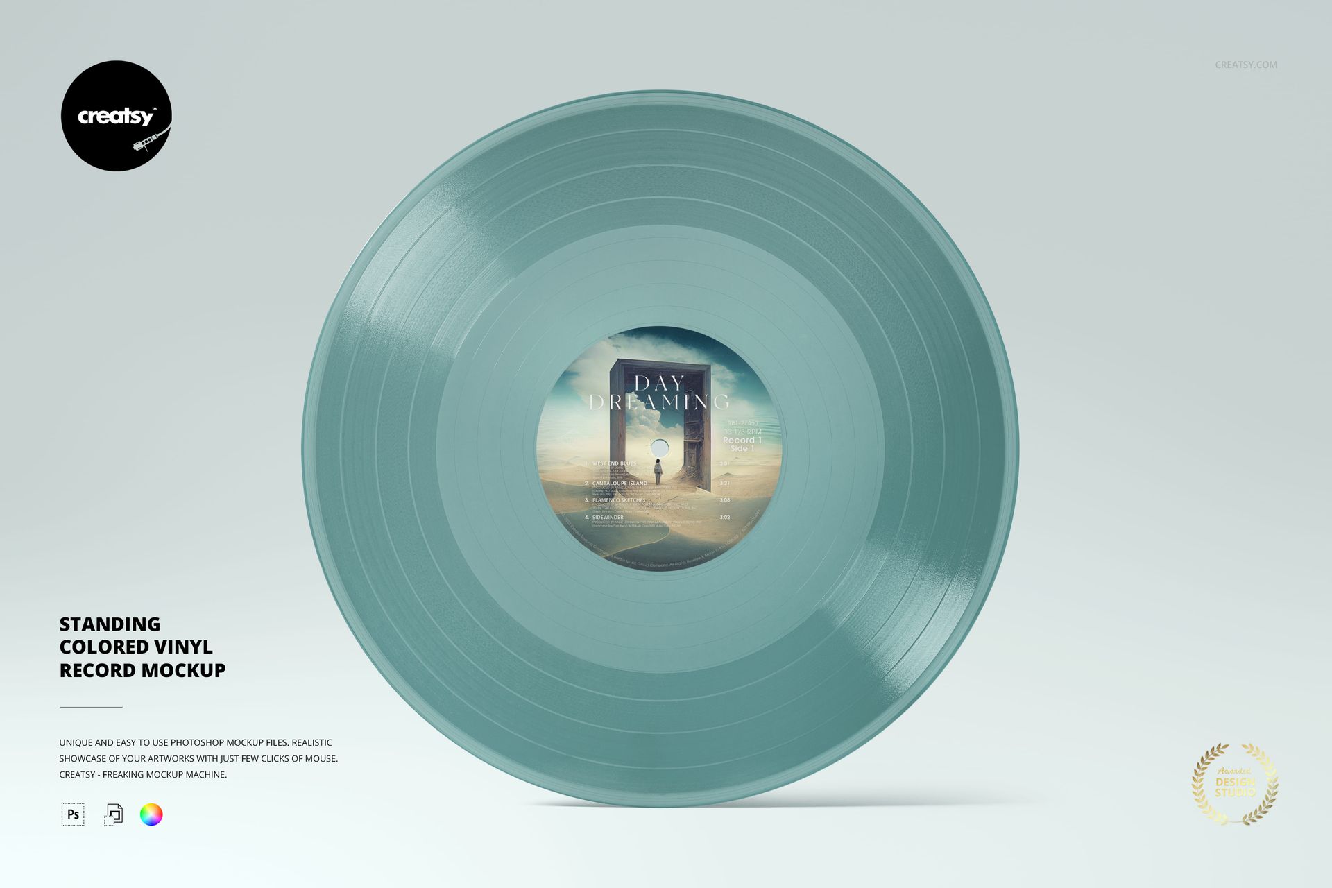 Standing colored vinyl record mockup featuring a teal blue record with a central album cover, shown on a light background.