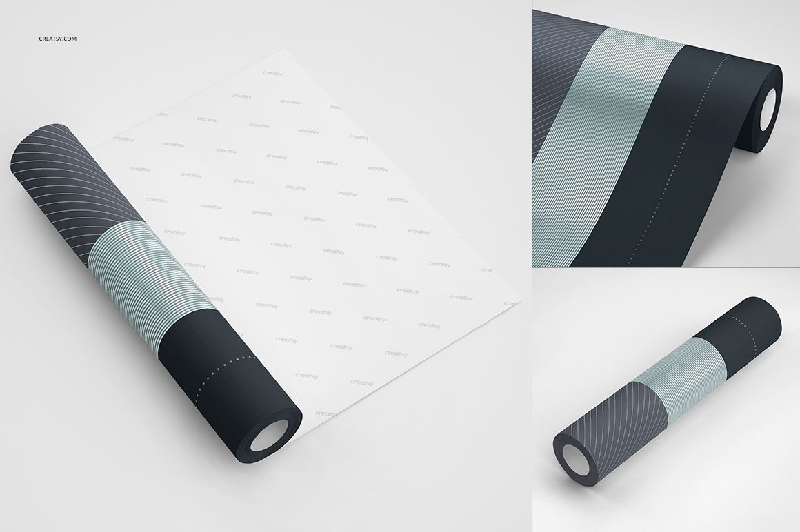 Wallpaper mockup featuring a rolled sheet with dark and light blue geometric patterns, shown from a top view on a white surface.