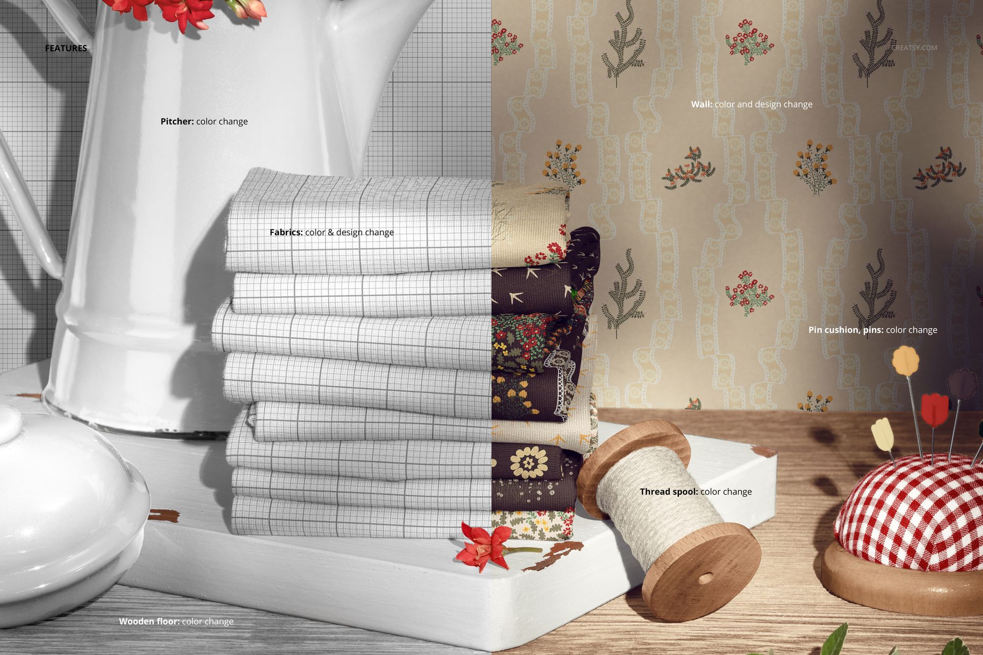 Jersey Fabric Stack with Pitcher and Flowers Mockup - mockup screenshot 3