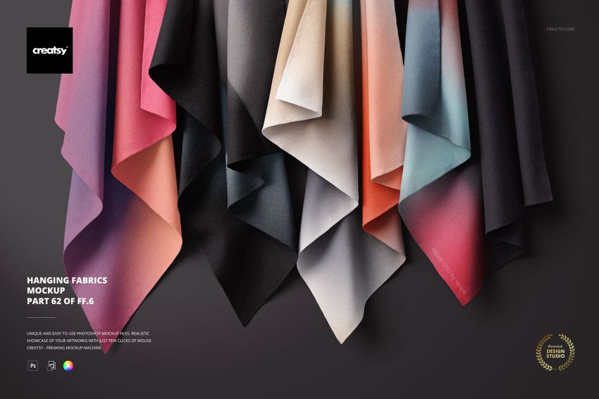 Multiple fabric panels with smooth gradient patterns hang vertically, shown in a PSD mockup with a dark backdrop.