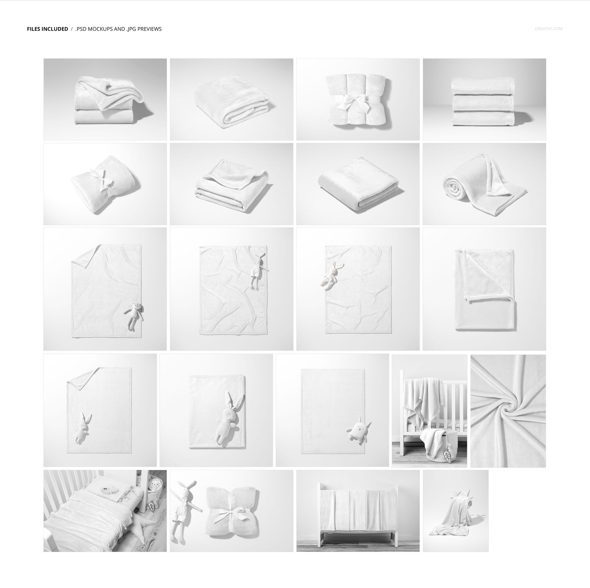 Collage of fleece blanket mockups in various arrangements, including folded, rolled, tied, and draped with toys.