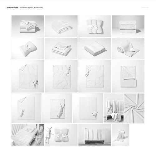 Collage of fleece blanket mockups in various arrangements, including folded, rolled, tied, and draped with toys.