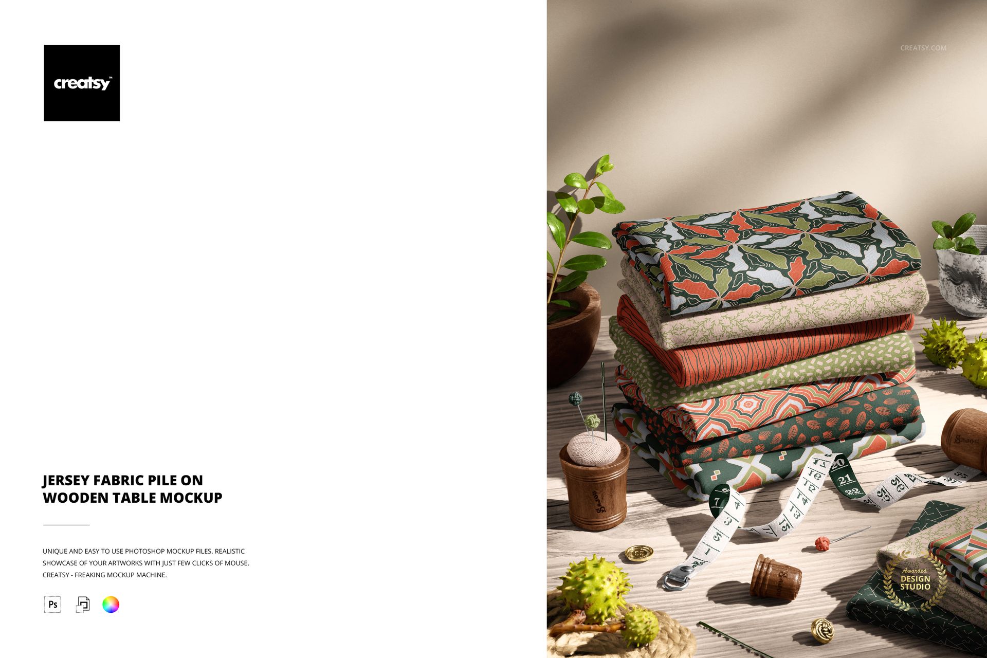 Assorted jersey fabric layers with colorful patterns arranged on a wooden surface, shown in a realistic mockup scene.