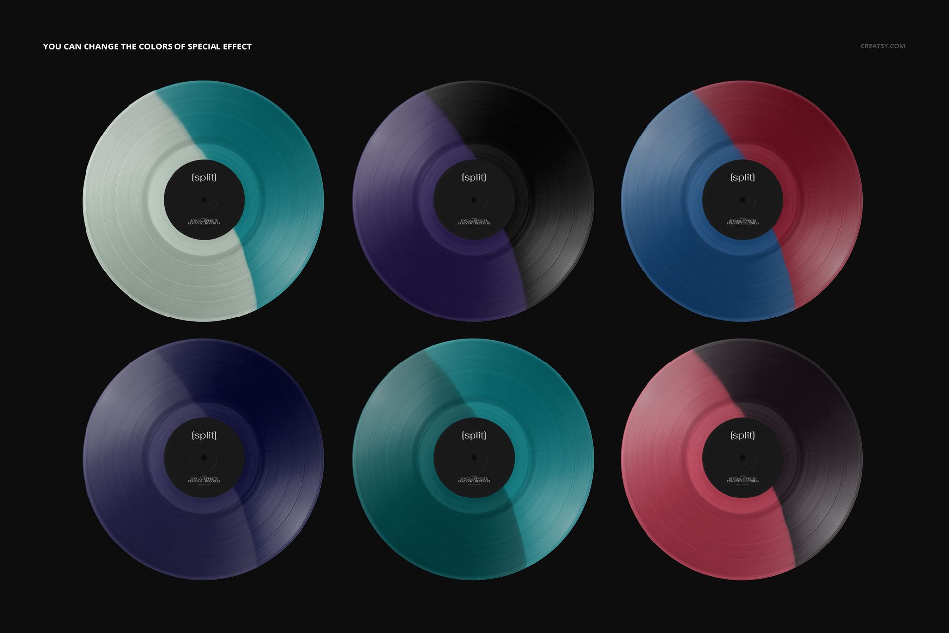Top view of colorful split vinyl records in a grid layout, showcasing various color pairings for a PSD mockup.