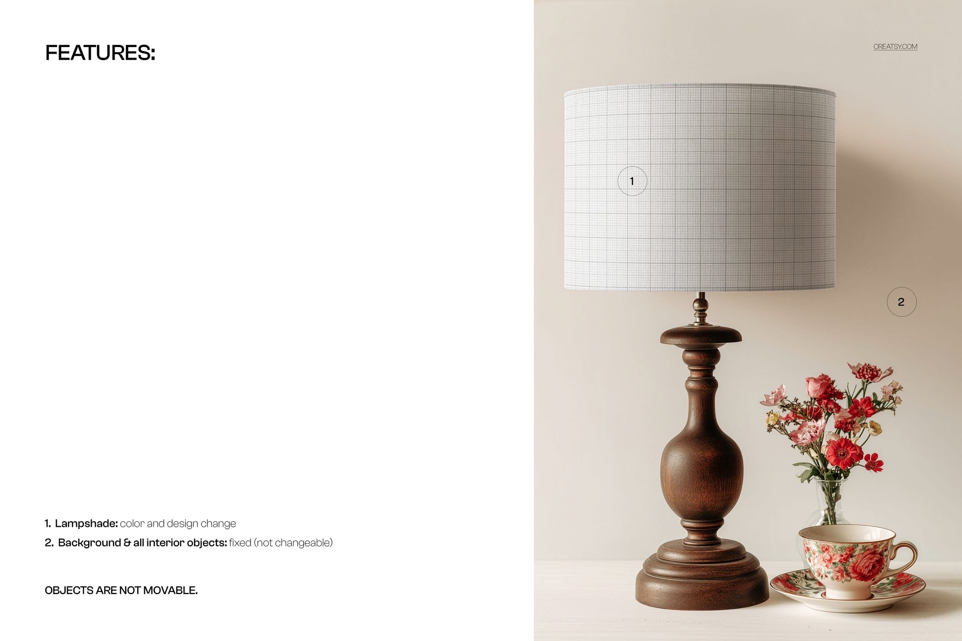 PSD mockup showing a dark wood table lamp with a patterned drum shade, set on a light surface next to flowers and a teacup.
