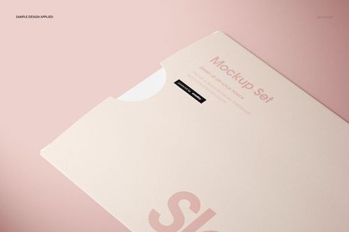 Front view of a light pink stationery sleeve mockup on a matching pink background, partially open to show the inner pocket.
