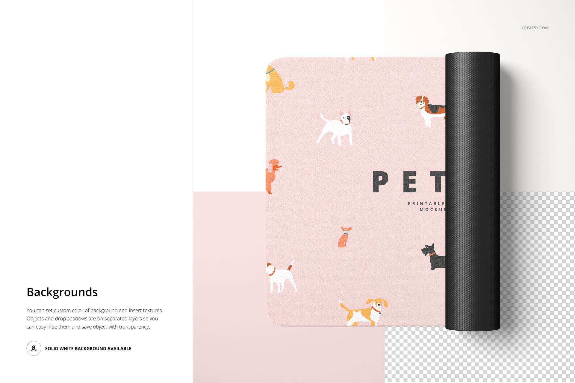 Top view of a rectangular pet door mat mockup with playful dog illustrations on a pink background and a rolled black edge.