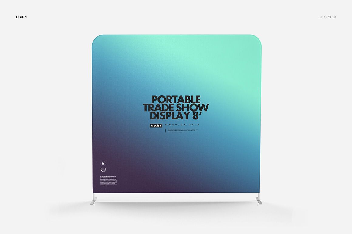 Front view of a portable trade show display mockup featuring a smooth gradient from teal to blue, set against white.
