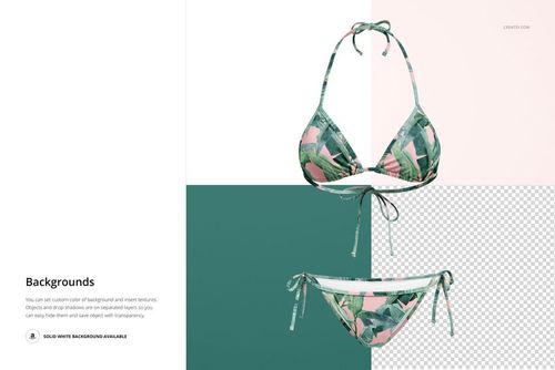 Triangle bikini mockup with green and pink geometric pattern, displayed front view on split color background.