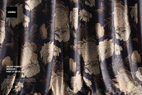 Dark velvet fabric with an intricate floral and bird pattern, shown draped with soft folds in a front view mockup.