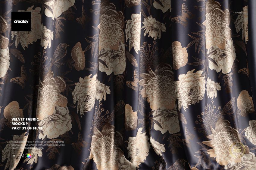 Dark velvet fabric with an intricate floral and bird pattern, shown draped with soft folds in a front view mockup.