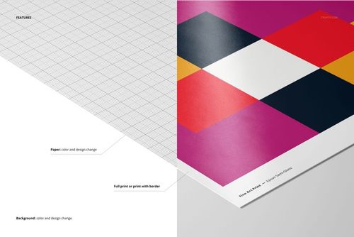 A3 fine art print mockup showing a semi-gloss paper with a geometric pattern in pink, yellow, red, and black.