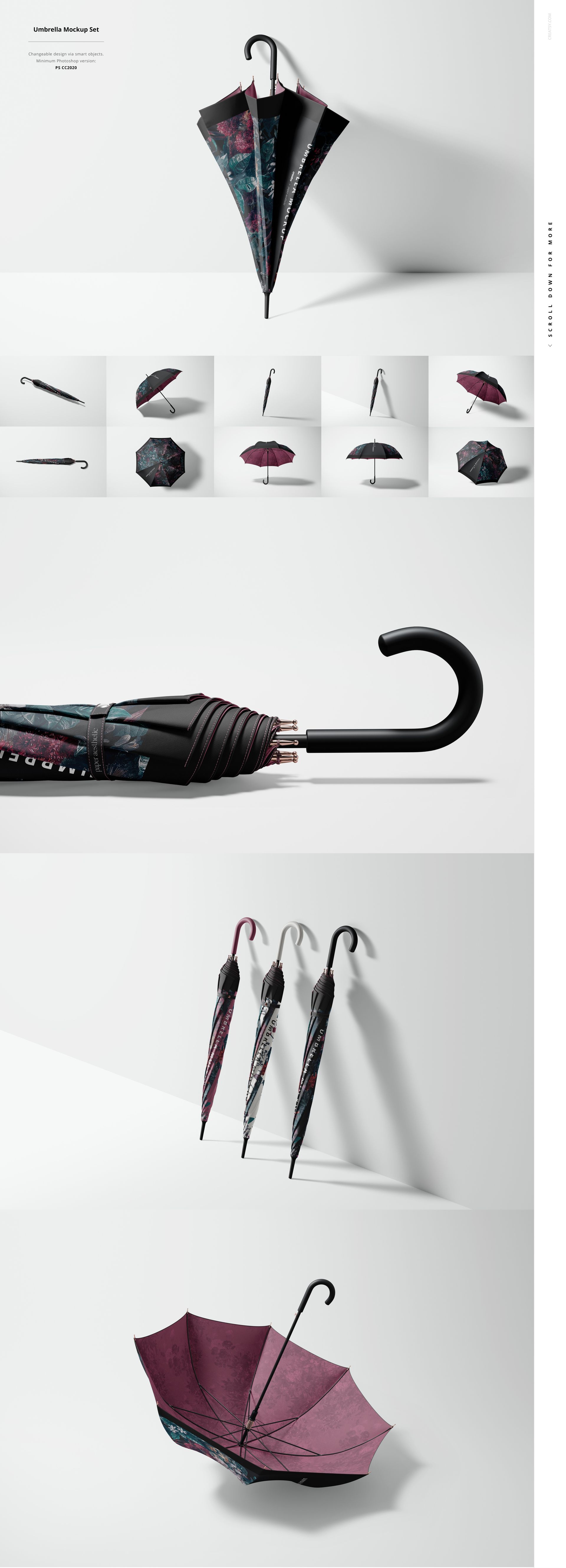 Fashion accessory umbrella mockup featuring multiple views, including closed, open, and side angles with dark patterns.