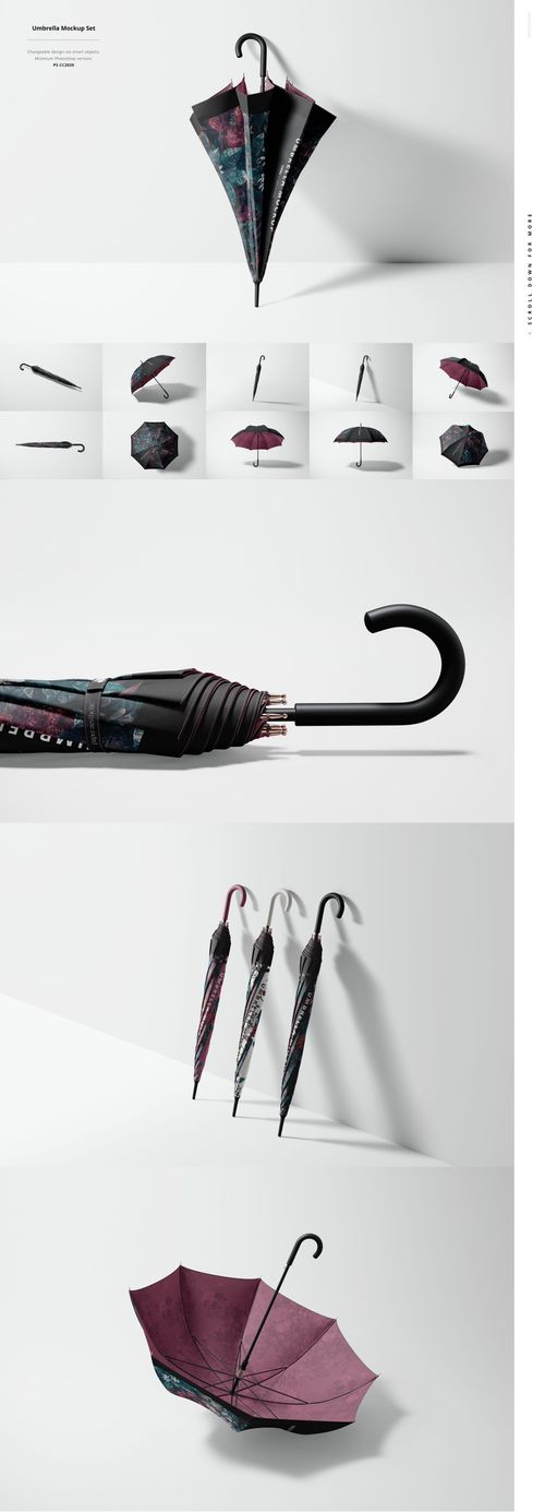 Fashion accessory umbrella mockup featuring multiple views, including closed, open, and side angles with dark patterns.
