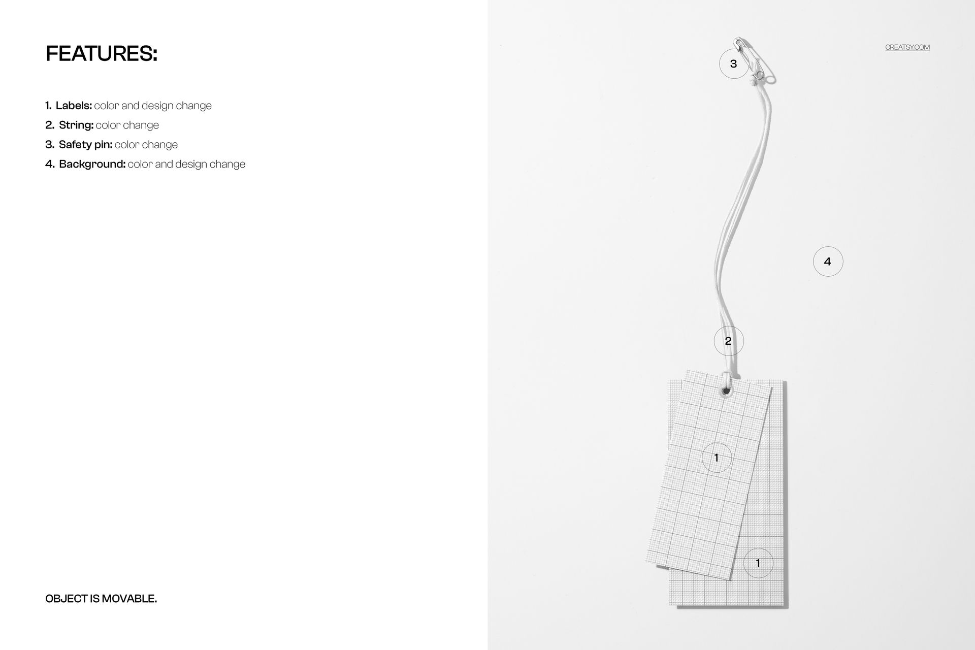 PSD mockup featuring a pair of rectangular paper labels with grid design, joined by a string and safety pin, on a white backdrop.