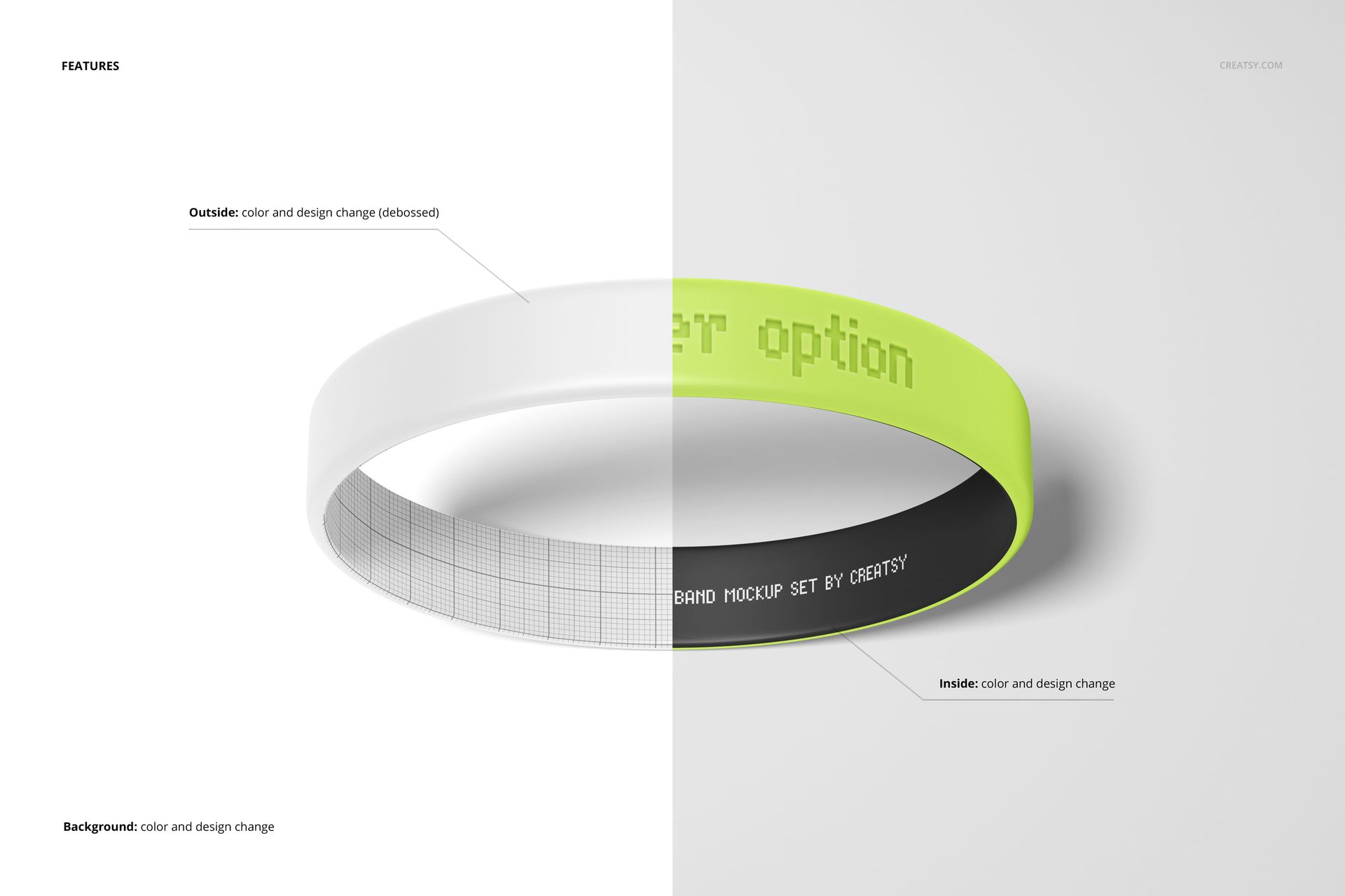 Front view of a debossed silicone wristband mockup split into white and neon green halves, showing editable inside and outside surfaces.