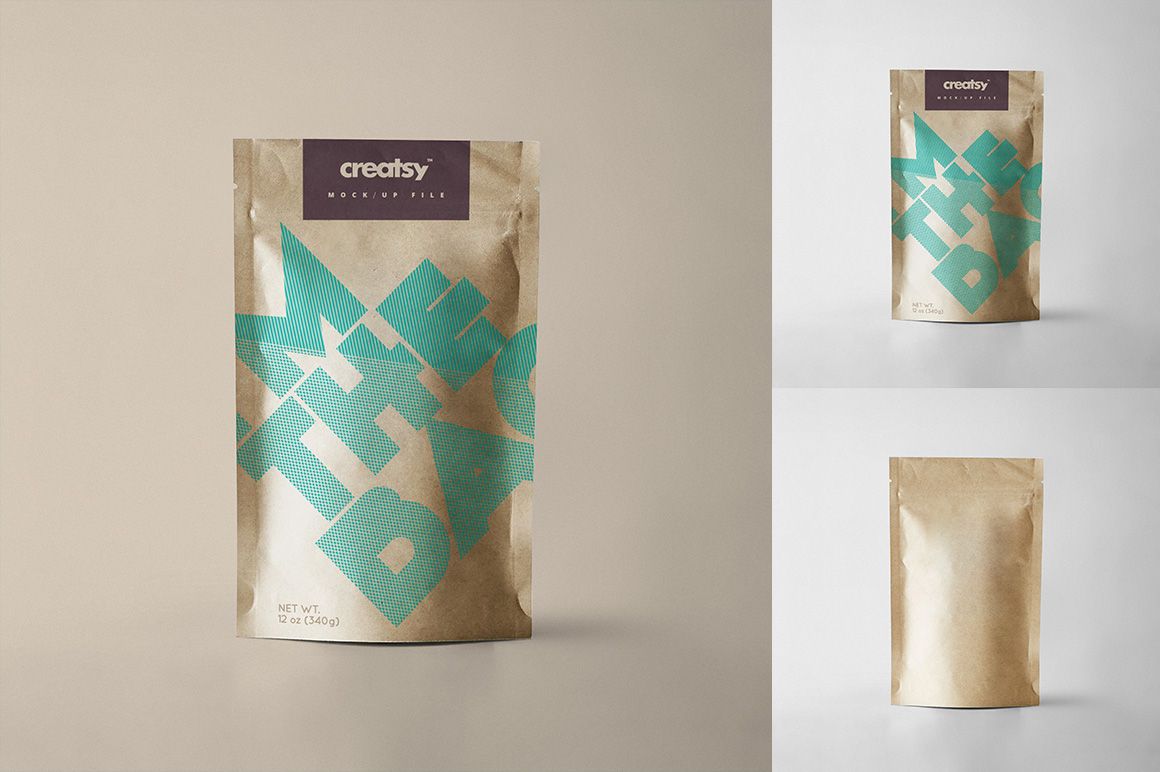 Three paper bag mockups displayed, featuring kraft texture, turquoise graphic text, and a white background option.