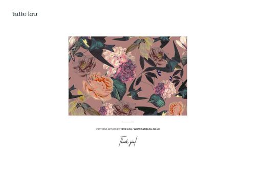 Rectangular floral pattern mockup with pink background, featuring roses, leaves, and butterflies in muted tones.