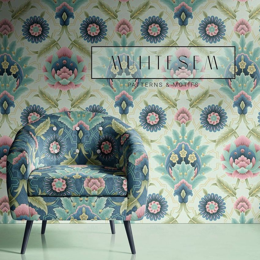 Interior scene mockup showing a patterned armchair in front of a floral wallpaper with a text overlay at the top.