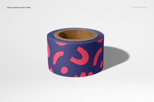 Packing tape mockup featuring a roll with pink geometric pattern on navy, shown from the front with shadow.
