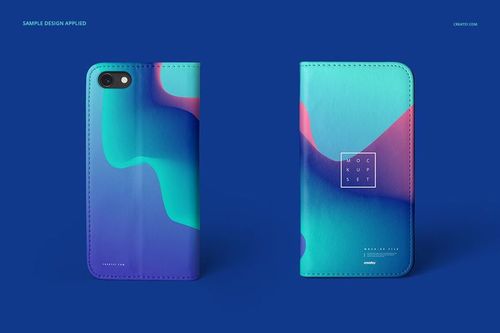Foldable iPhone 8 case mockup set showing two cases with abstract blue and purple patterns on a solid blue background.