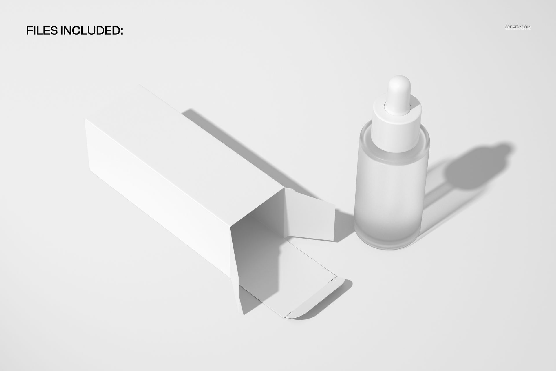 Cosmetic dropper bottle with a white cap positioned beside an unfolded packaging carton, shown in a PSD mockup scene.