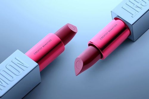 Lipstick mockup featuring two open lipsticks in silver packaging, positioned diagonally on a blue gradient surface.