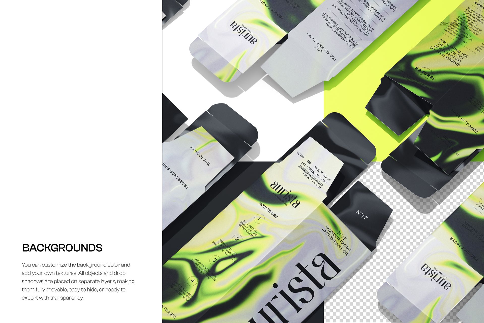 Top view of scattered packaging boxes with abstract green and black patterns, displayed in a PSD mockup layout.