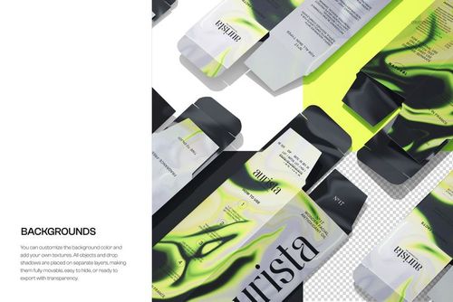 Top view of scattered packaging boxes with abstract green and black patterns, displayed in a PSD mockup layout.