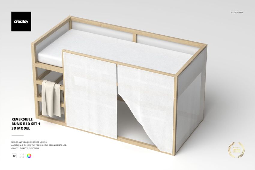 Reversible bunk bed set with light wood frame, white mattress, and fabric curtain, shown in front angled view.