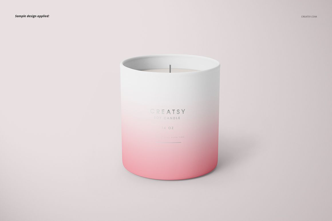 Classic candle mockup in matte glass with soft pink gradient, single candle shown from the front on a pale surface.