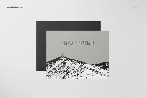 A2 card mockup featuring a landscape-oriented card with a mountain illustration and a black envelope behind it.