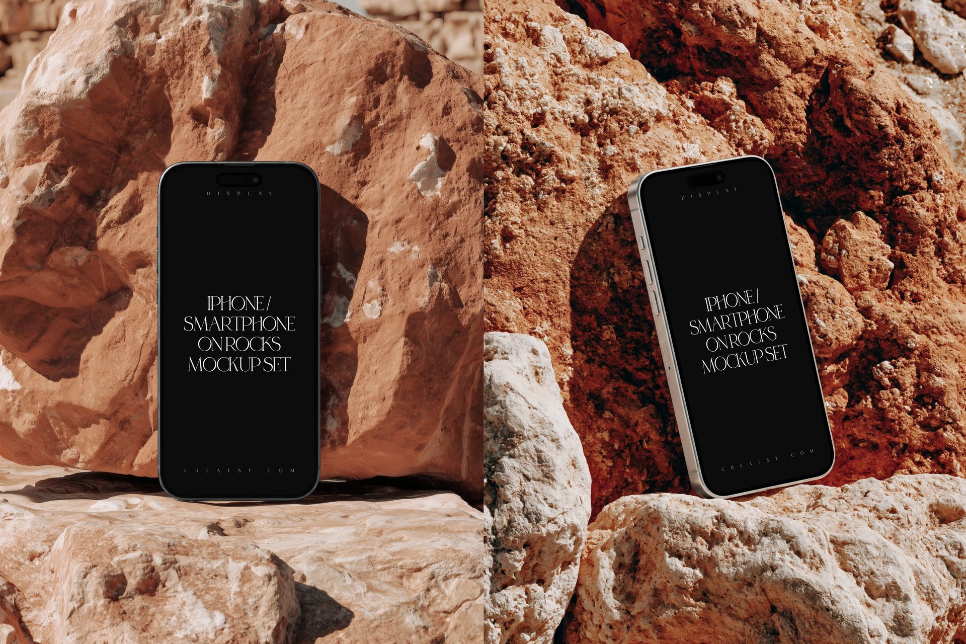 iPhone smartphone mockup with black screen displayed on large textured rocks in outdoor natural lighting.